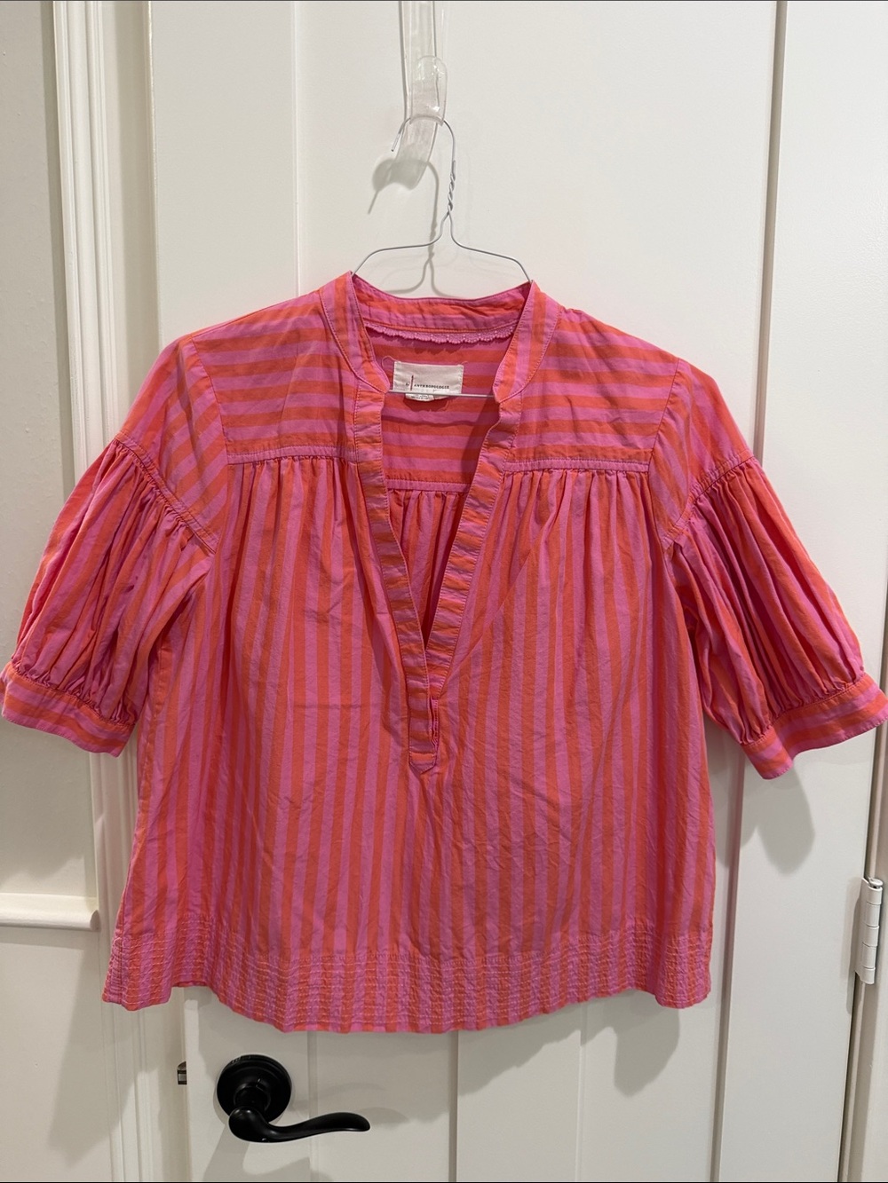 Anthropologie Pink and Coral Striped Peasant Top